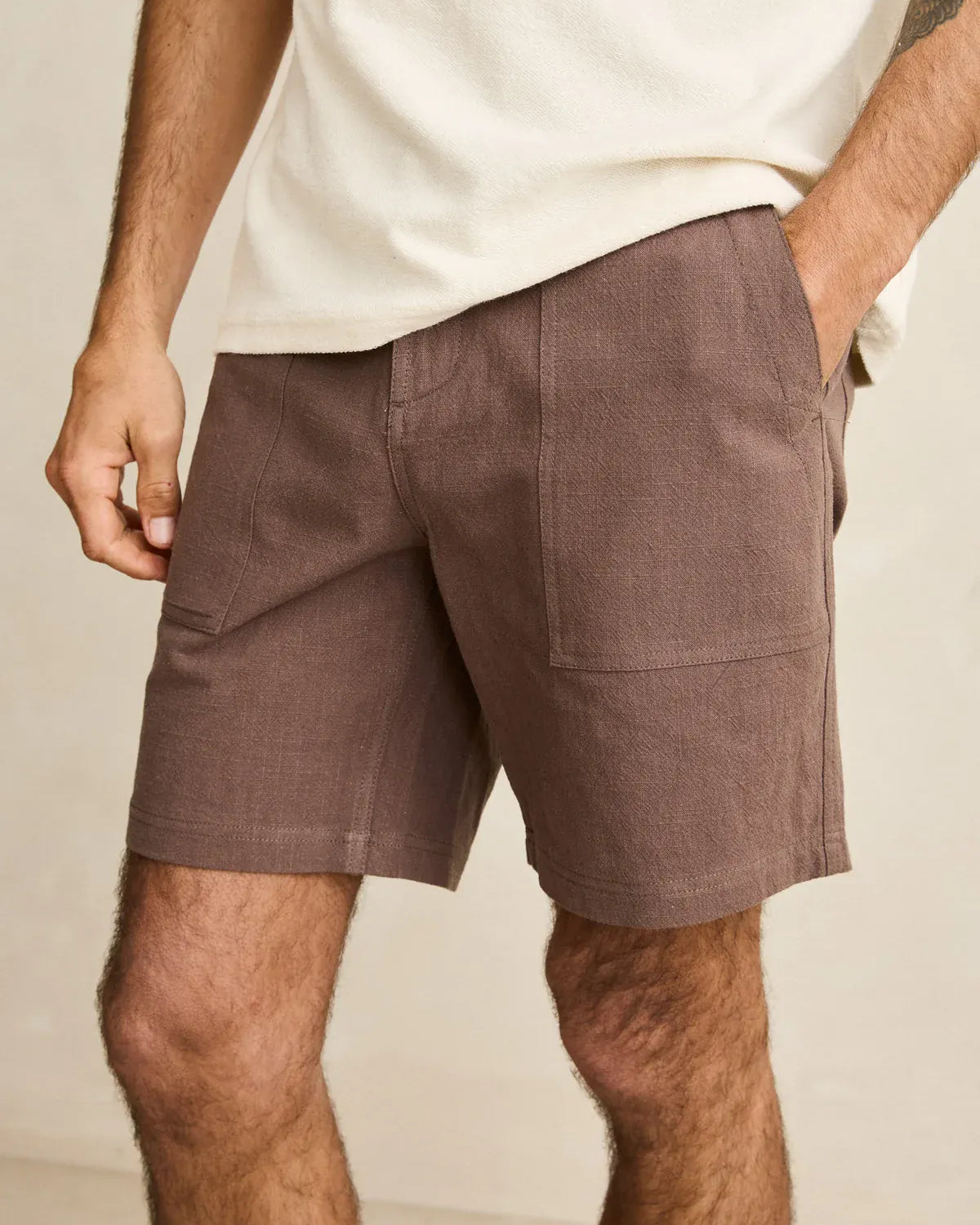Rhythm Mens Rhythm Worn Path Textured Linen Short - Oak Rhythm Worn Path Textured Linen Short - Oak Splash Swimwear Mens Shorts