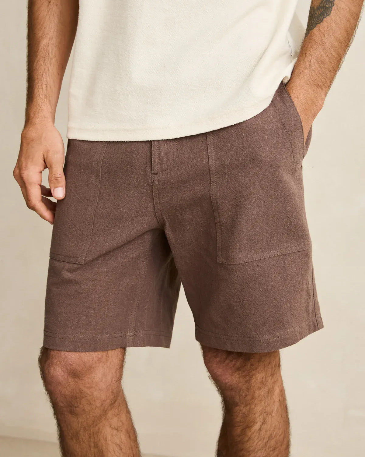 Rhythm Mens Rhythm Worn Path Textured Linen Short - Oak Rhythm Worn Path Textured Linen Short - Oak Splash Swimwear Mens Shorts