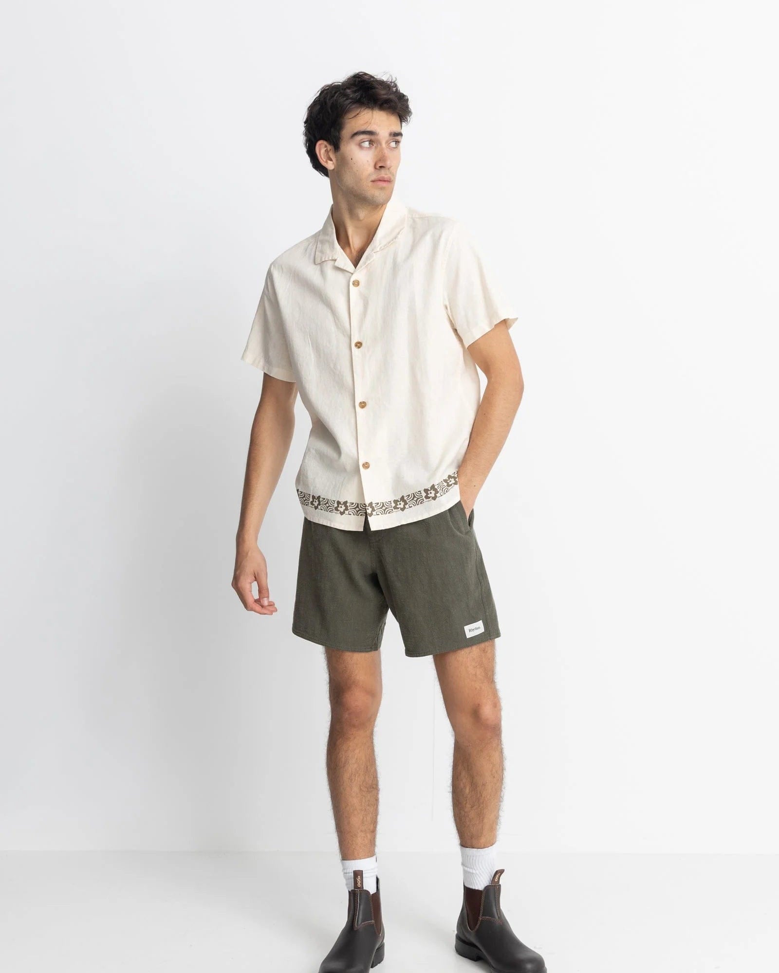 Rhythm Mens Textured Linen Jam - Olive Rhythm Textured Linen Jam - Olive Splash Swimwear Mens