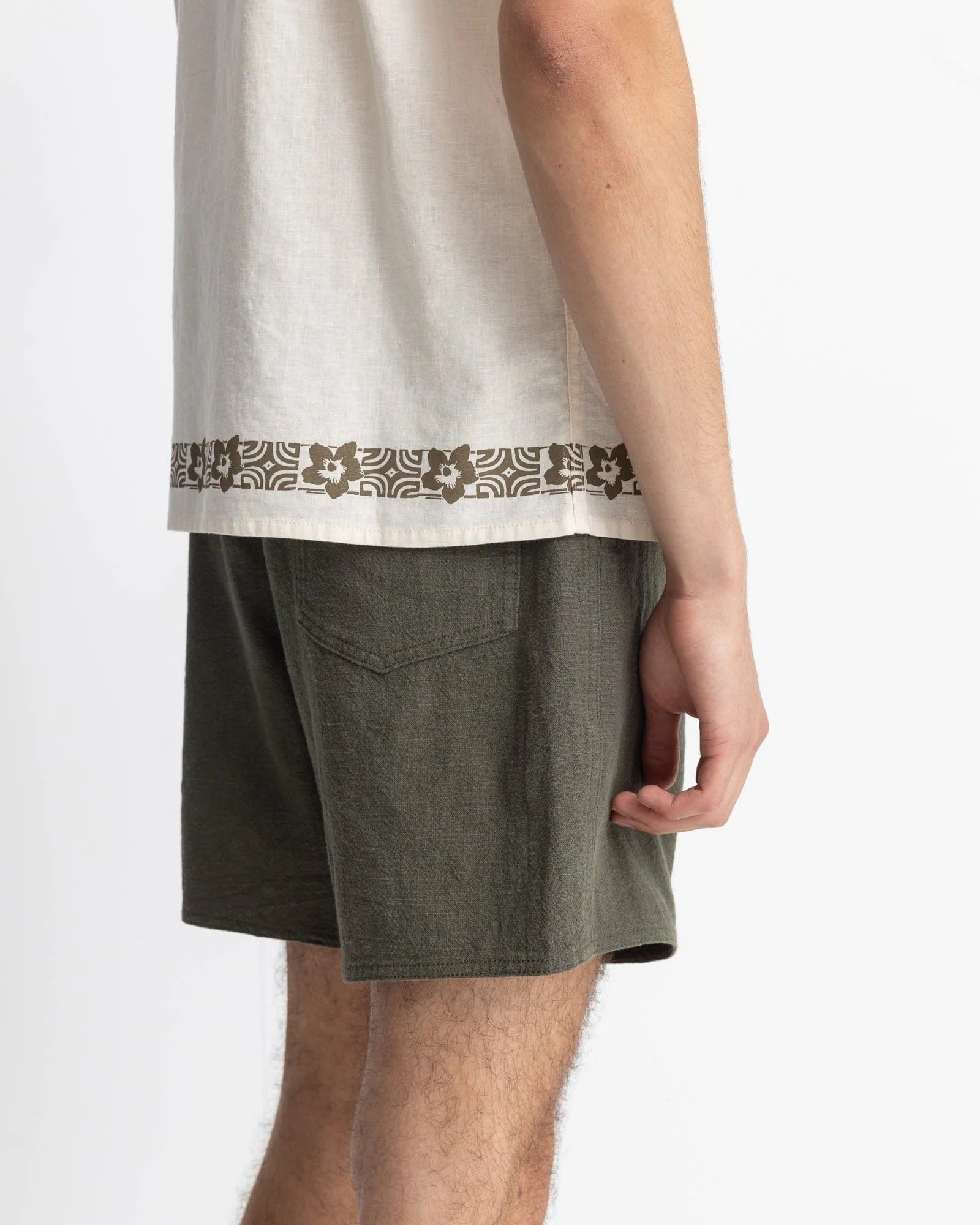 Rhythm Mens Textured Linen Jam - Olive Rhythm Textured Linen Jam - Olive Splash Swimwear Mens