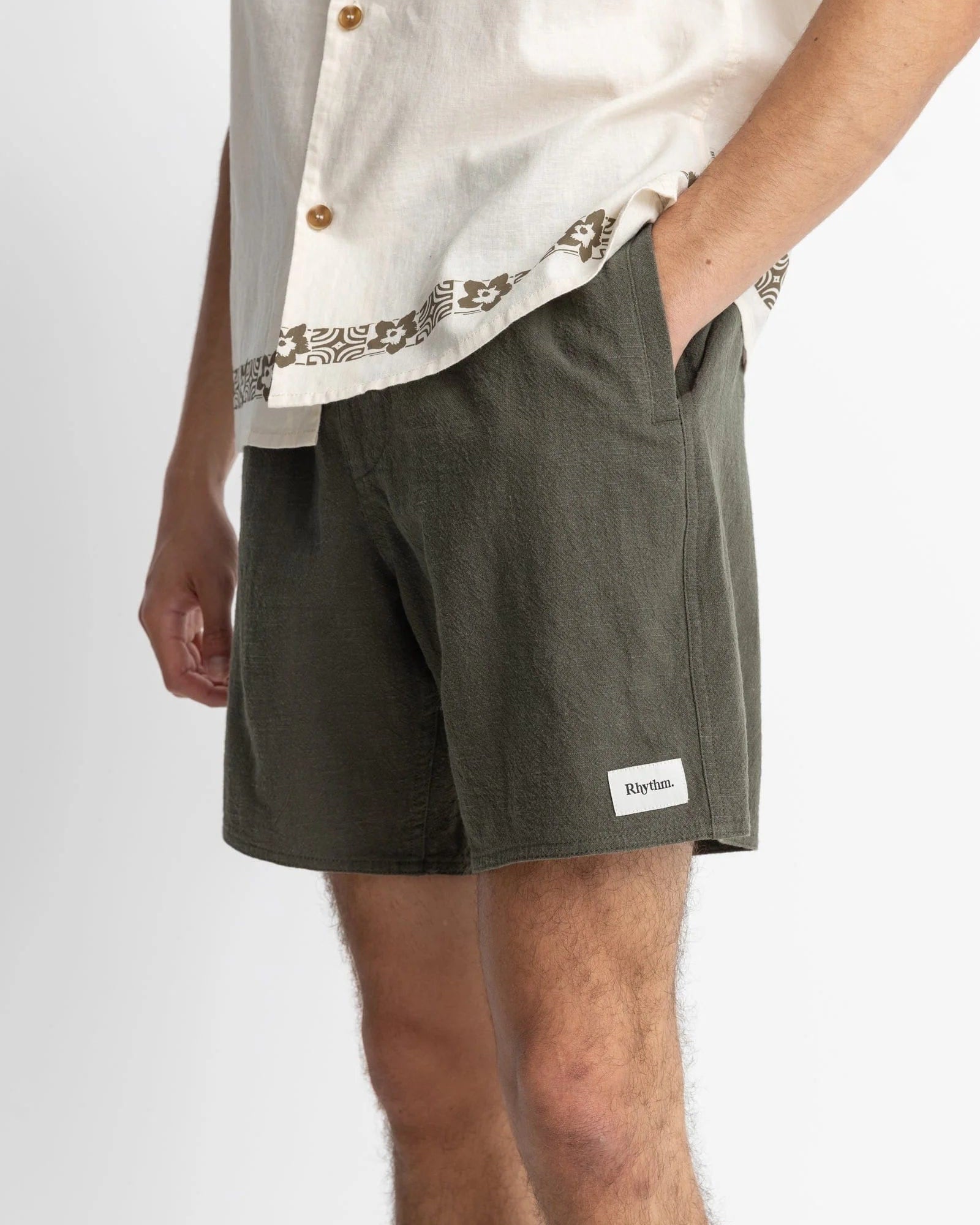 Rhythm Mens Textured Linen Jam - Olive Rhythm Textured Linen Jam - Olive Splash Swimwear Mens