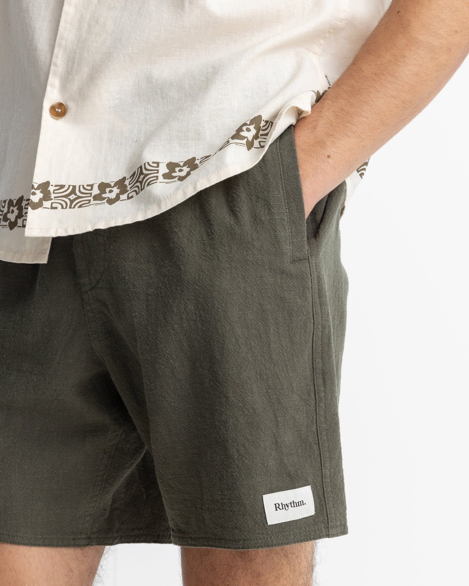 Rhythm Mens Textured Linen Jam - Olive Rhythm Textured Linen Jam - Olive Splash Swimwear Mens