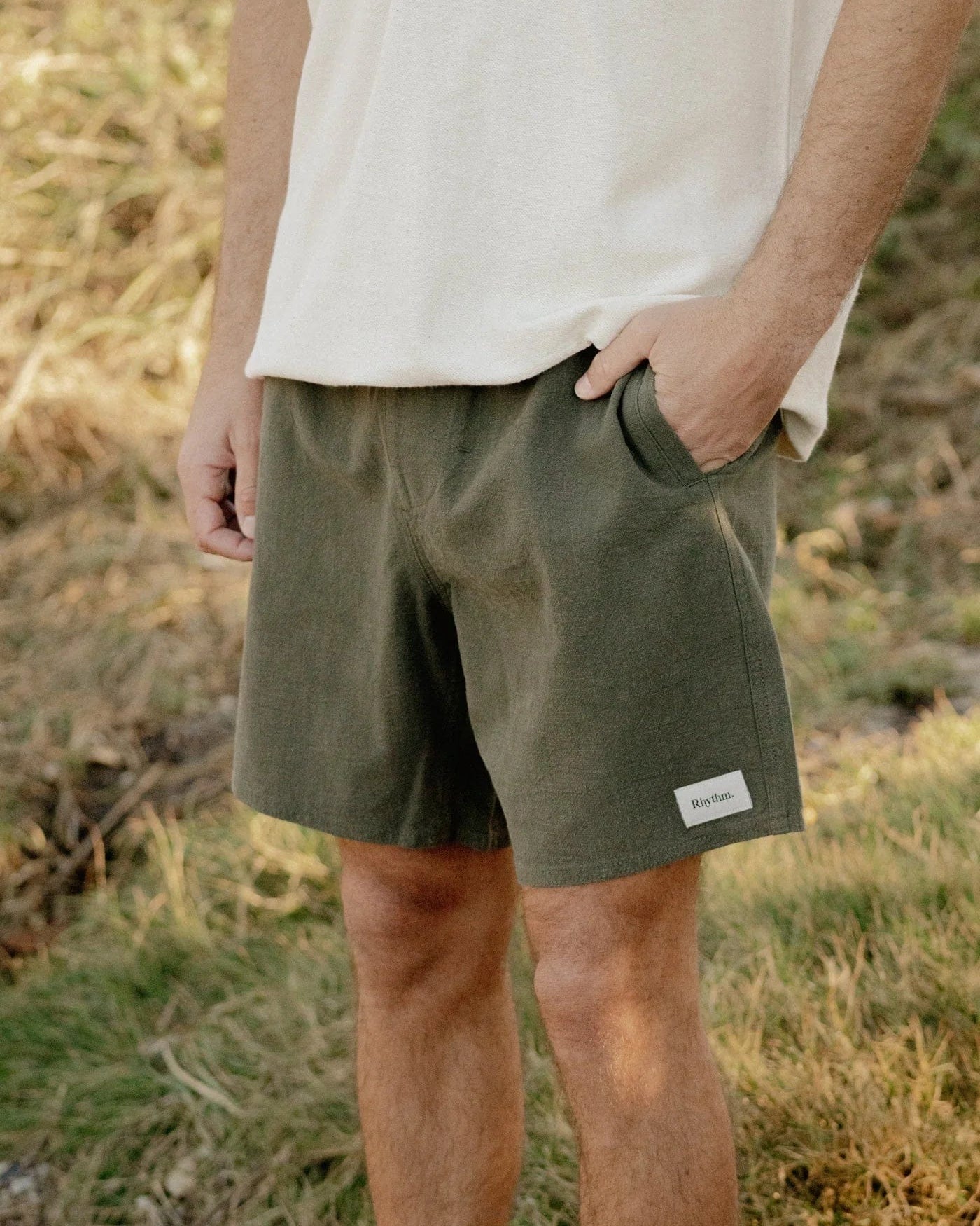 Rhythm Mens Textured Linen Jam - Olive Rhythm Textured Linen Jam - Olive Splash Swimwear Mens