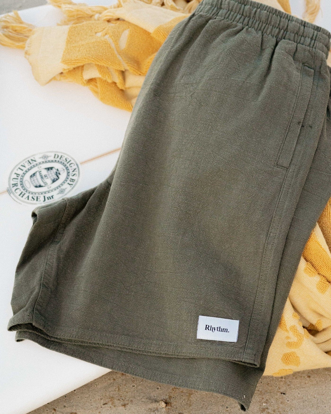 Rhythm Mens Textured Linen Jam - Olive Rhythm Textured Linen Jam - Olive Splash Swimwear Mens