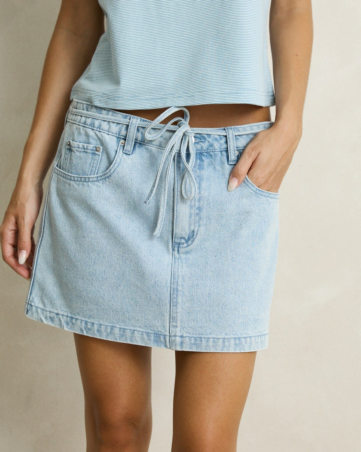 Rhythm Womens Rhythm Charlie Low Rise Mini Skirt - Light Wash CD26W-SK01-LTW-8 Rhythm Charlie Low Rise Mini Skirt Light Wash Splash Swimwear Skirt 8 9360397469783