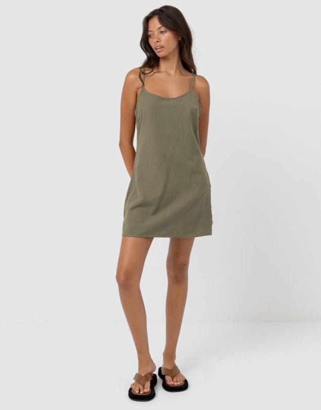 Rhythm Womens Rhythm Classic Slip Dress - Olive Rhythm Classic Slip Dress - Olive Splash Swimwear Dresses