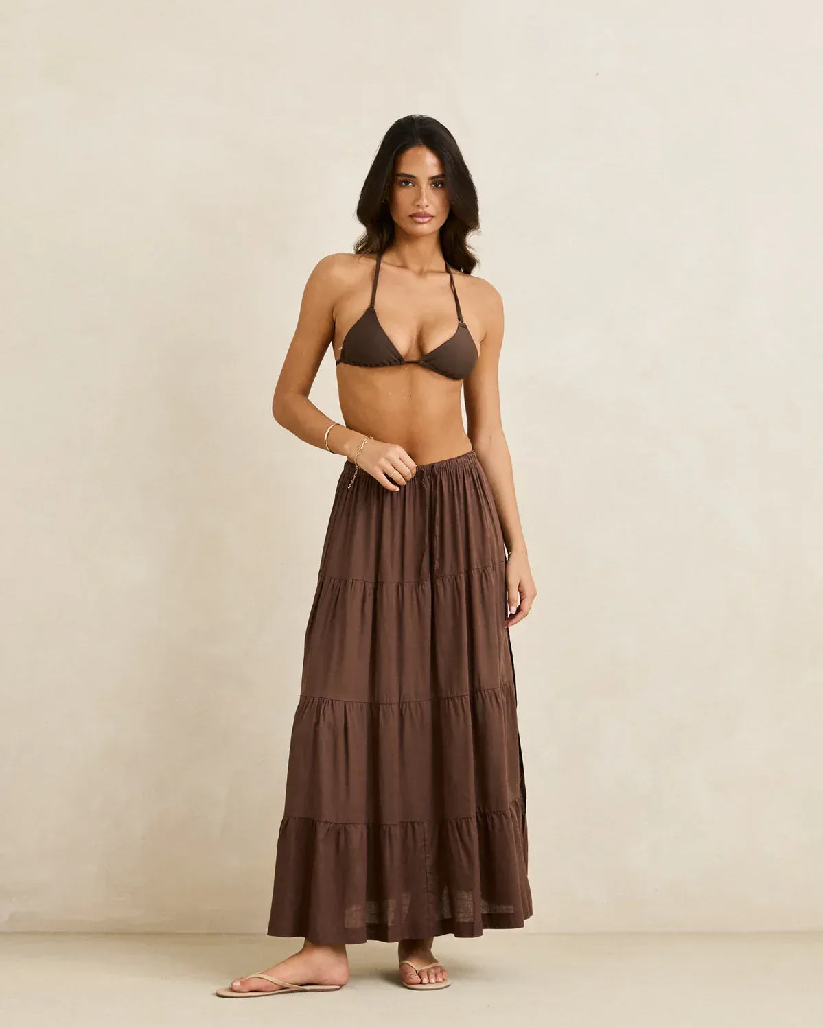 Rhythm Womens Rhythm Classic Tiered Maxi Skirt - Chocolate Rhythm Classic Tiered Maxi Skirt - Chocolate Splash Swimwear Skirts