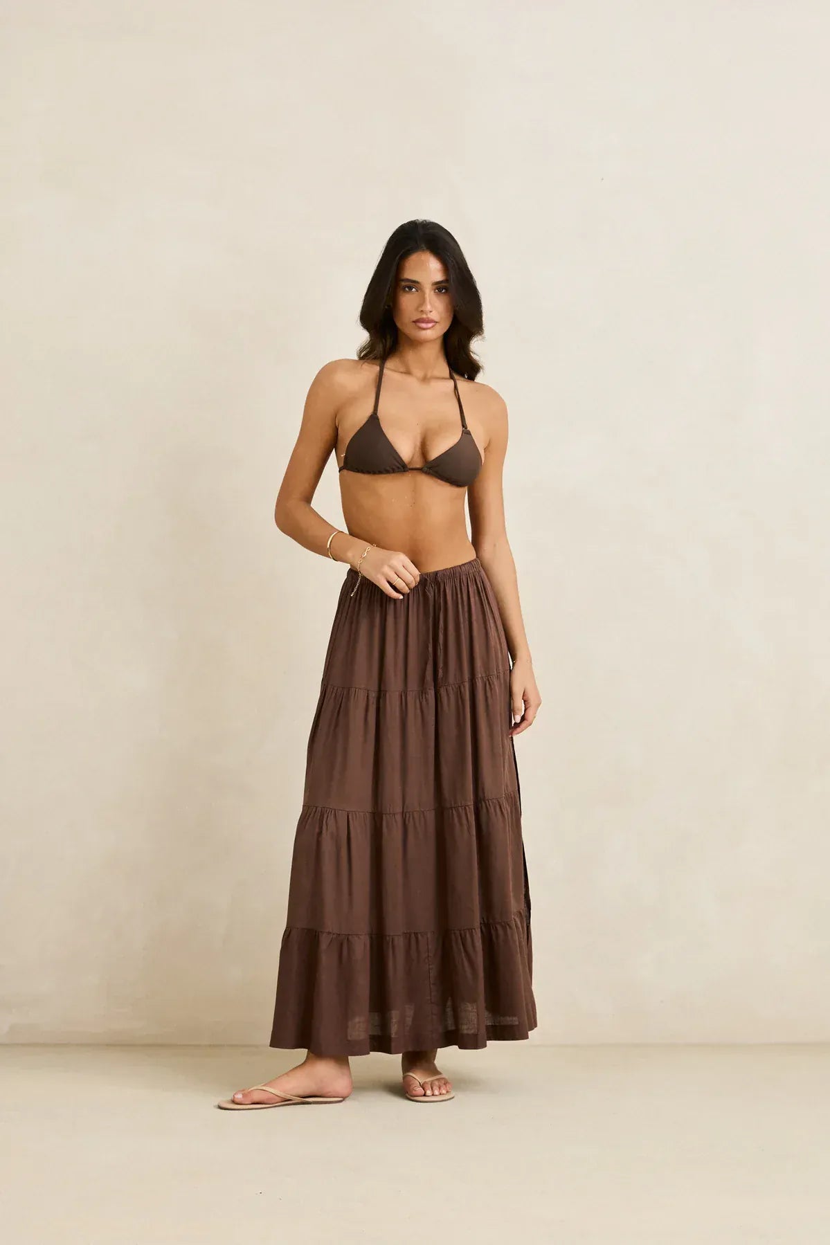 Rhythm Womens Rhythm Classic Tiered Maxi Skirt - Chocolate Rhythm Classic Tiered Maxi Skirt - Chocolate Splash Swimwear Skirts