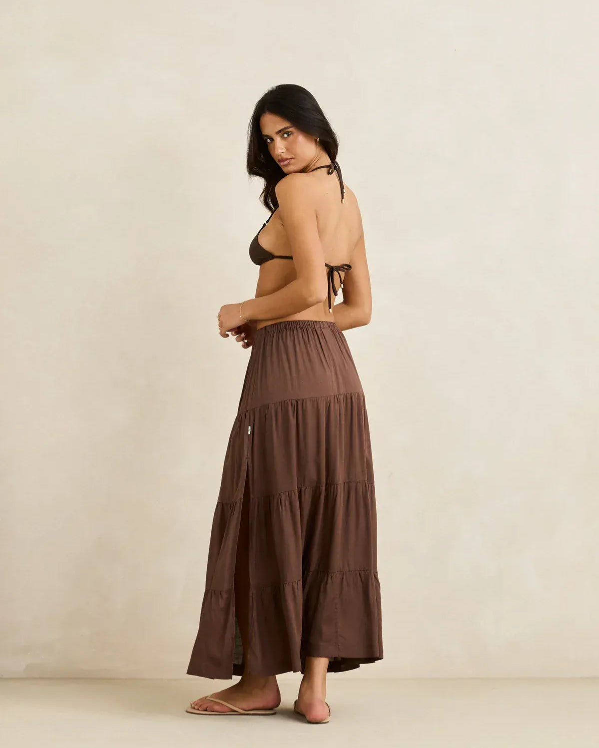 Rhythm Womens Rhythm Classic Tiered Maxi Skirt - Chocolate Rhythm Classic Tiered Maxi Skirt - Chocolate Splash Swimwear Skirts