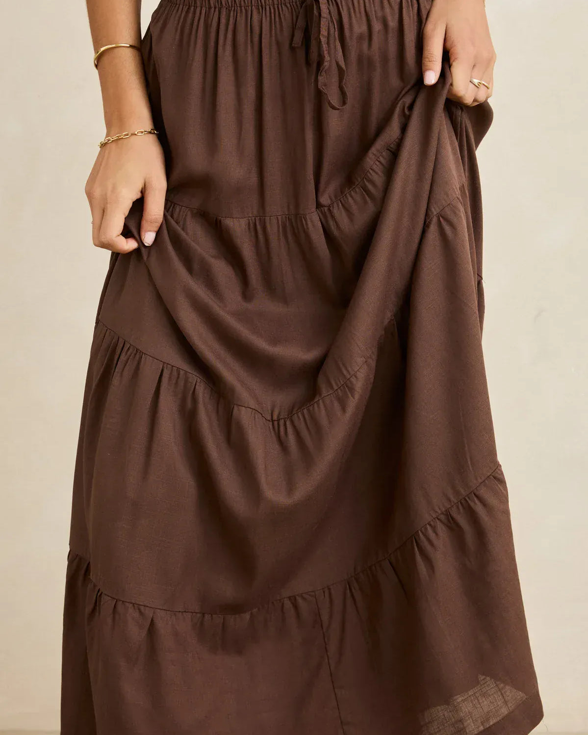Rhythm Womens Rhythm Classic Tiered Maxi Skirt - Chocolate Rhythm Classic Tiered Maxi Skirt - Chocolate Splash Swimwear Skirts