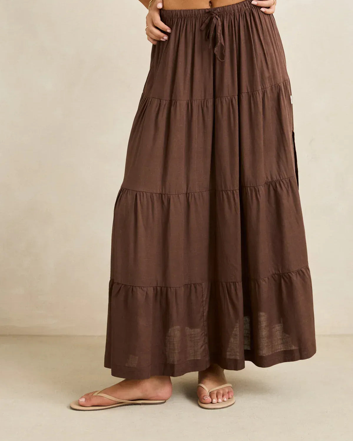 Rhythm Womens Rhythm Classic Tiered Maxi Skirt - Chocolate Rhythm Classic Tiered Maxi Skirt - Chocolate Splash Swimwear Skirts