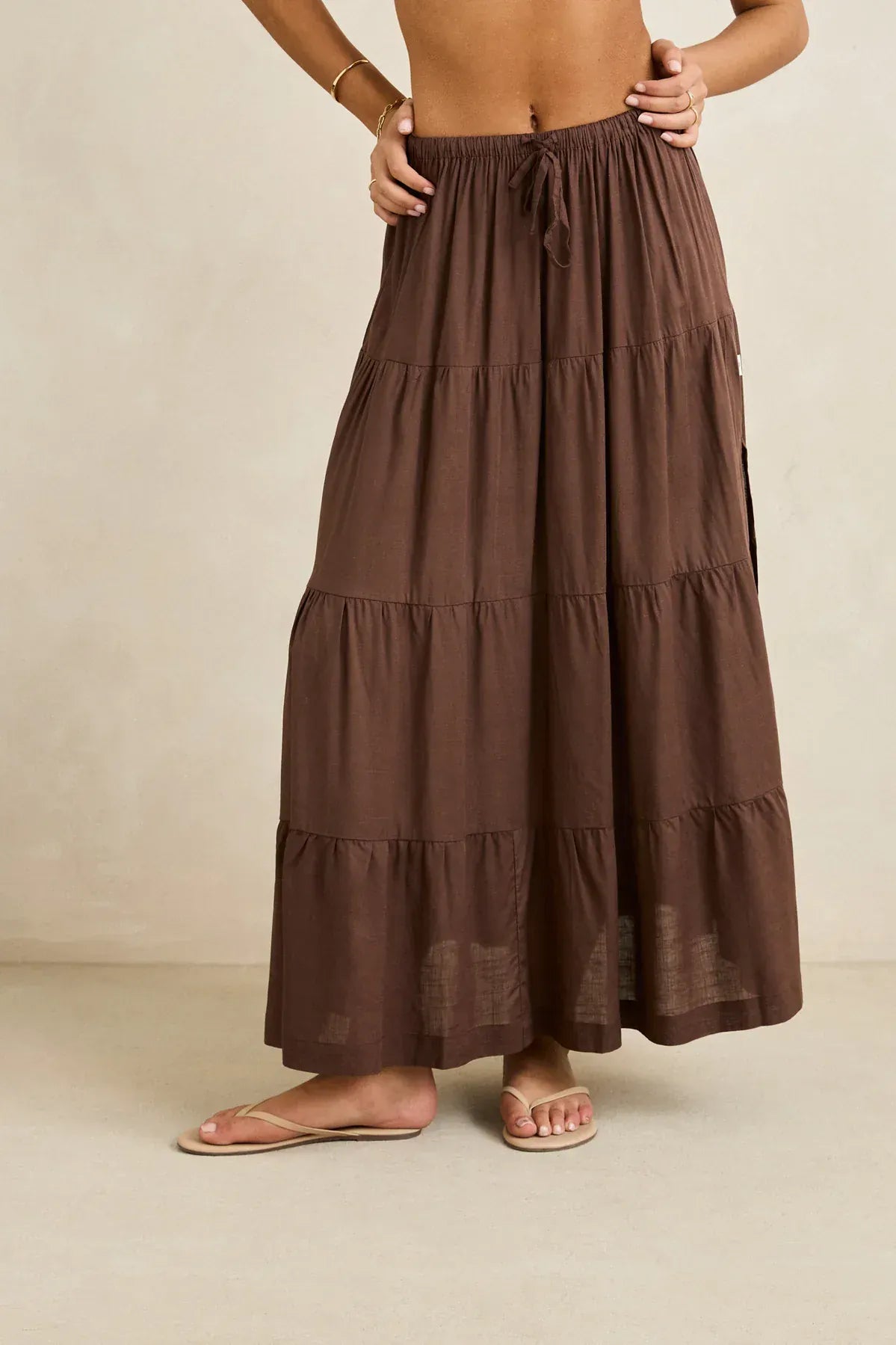 Rhythm Womens Rhythm Classic Tiered Maxi Skirt - Chocolate Rhythm Classic Tiered Maxi Skirt - Chocolate Splash Swimwear Skirts
