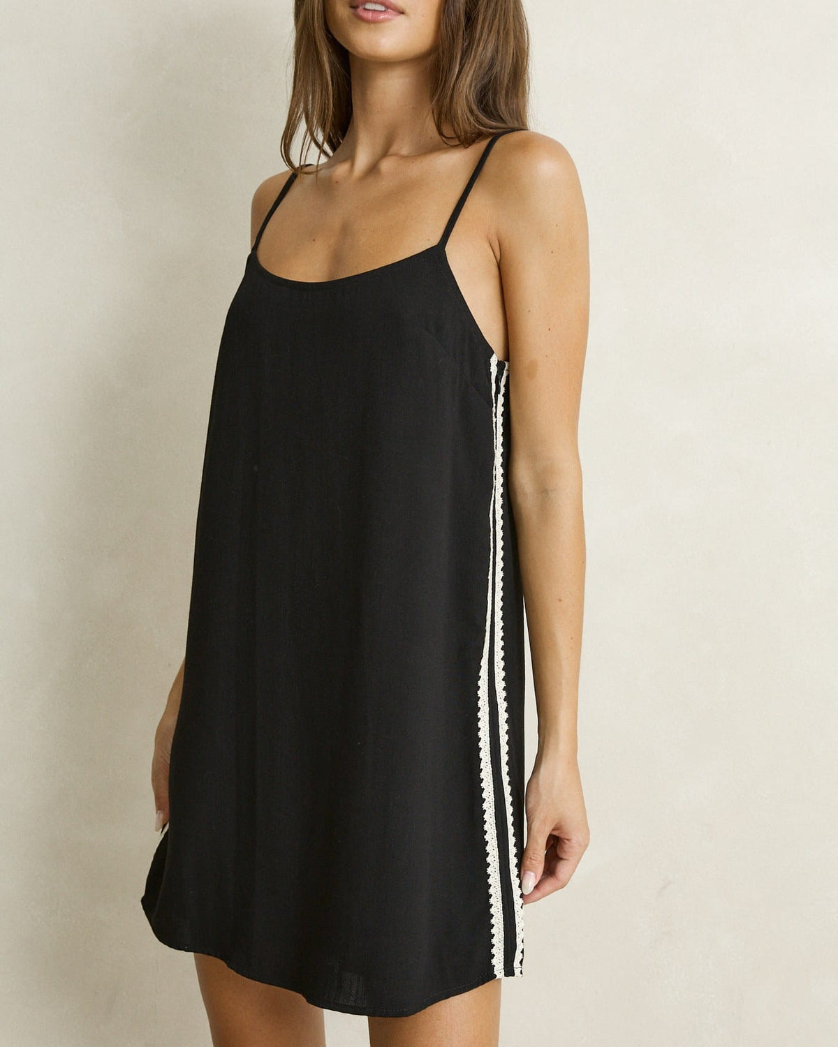 Rhythm Womens Rhythm Linen Lace Slip Mini Dress - Black Rhythm Linen Lace Slip Mini Dress Black Splash Swimwear Dresses