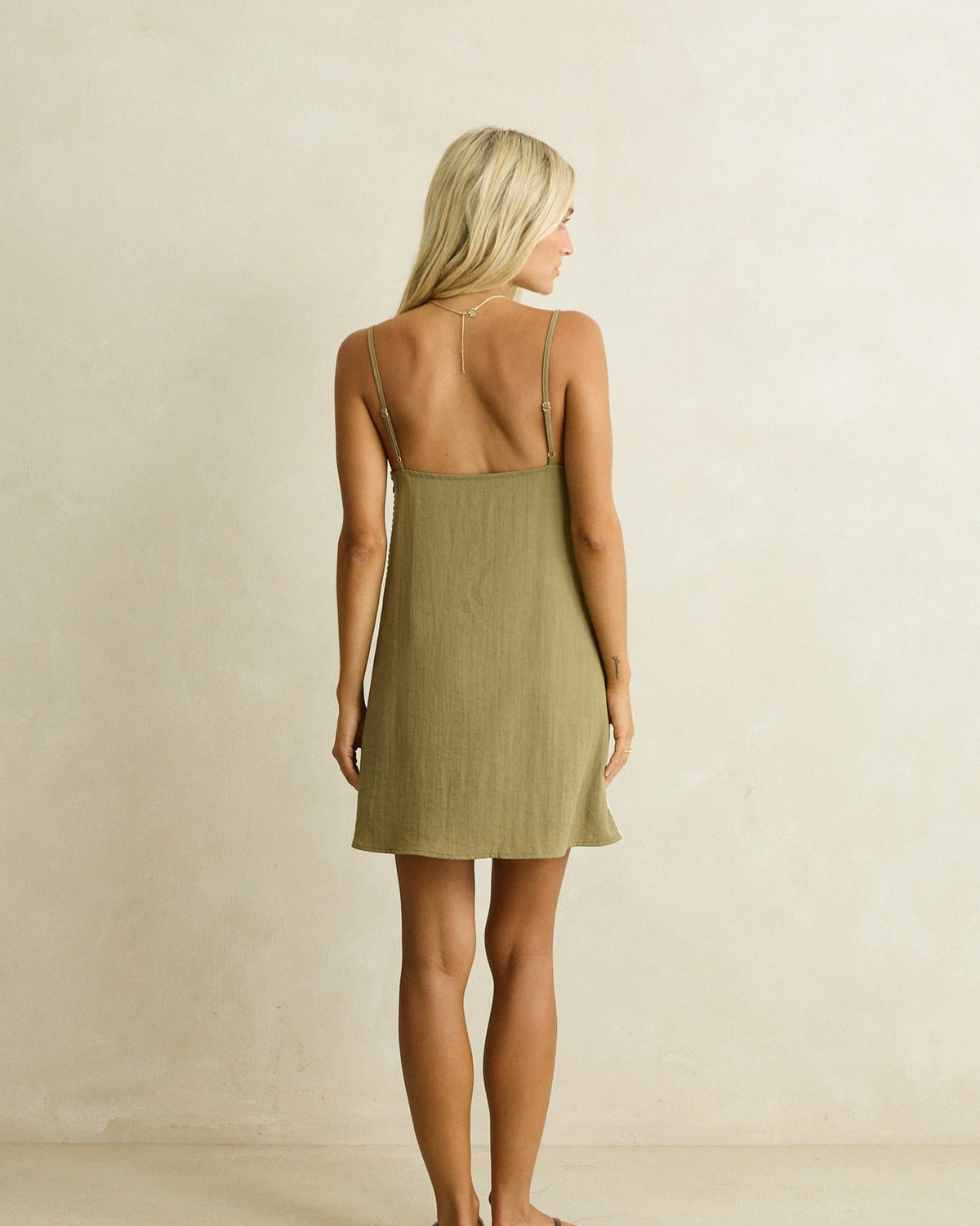 Rhythm Womens Rhythm Linen Lace Slip Mini Dress - Olive Rhythm Linen Lace Slip Mini Dress Olive Splash Swimwear Dresses