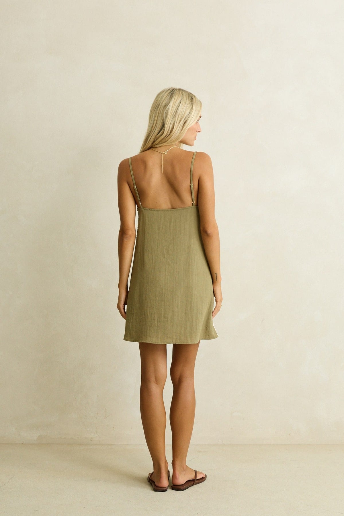 Rhythm Womens Rhythm Linen Lace Slip Mini Dress - Olive Rhythm Linen Lace Slip Mini Dress Olive Splash Swimwear Dresses