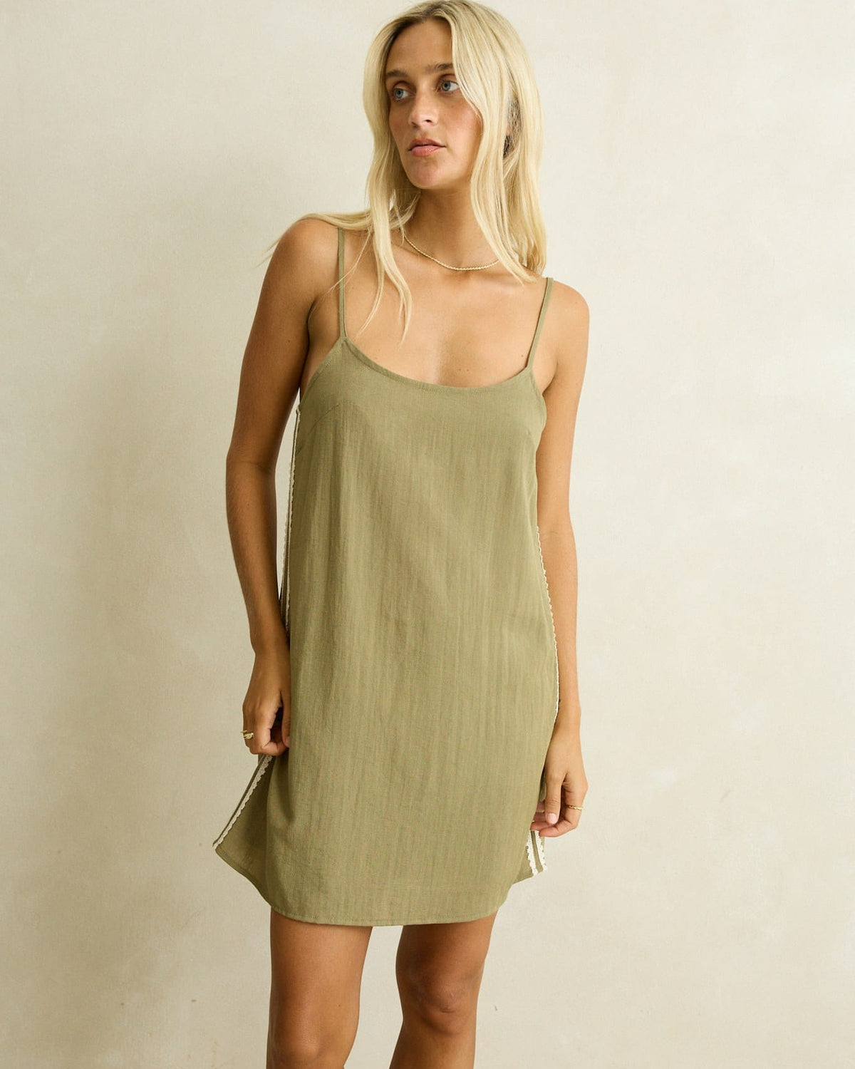 Rhythm Womens Rhythm Linen Lace Slip Mini Dress - Olive CD26W-DR02-OLI-6 Rhythm Linen Lace Slip Mini Dress Olive Splash Swimwear Dresses 6 9360397468090