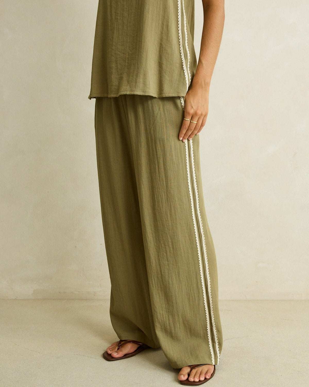 Rhythm Womens Rhythm Linen Lace Track Pant - Olive CD26W-PA01-OLI-8 Rhythm Linen Lace Track Pant Olive Splash Swimwear Womens Pants 8