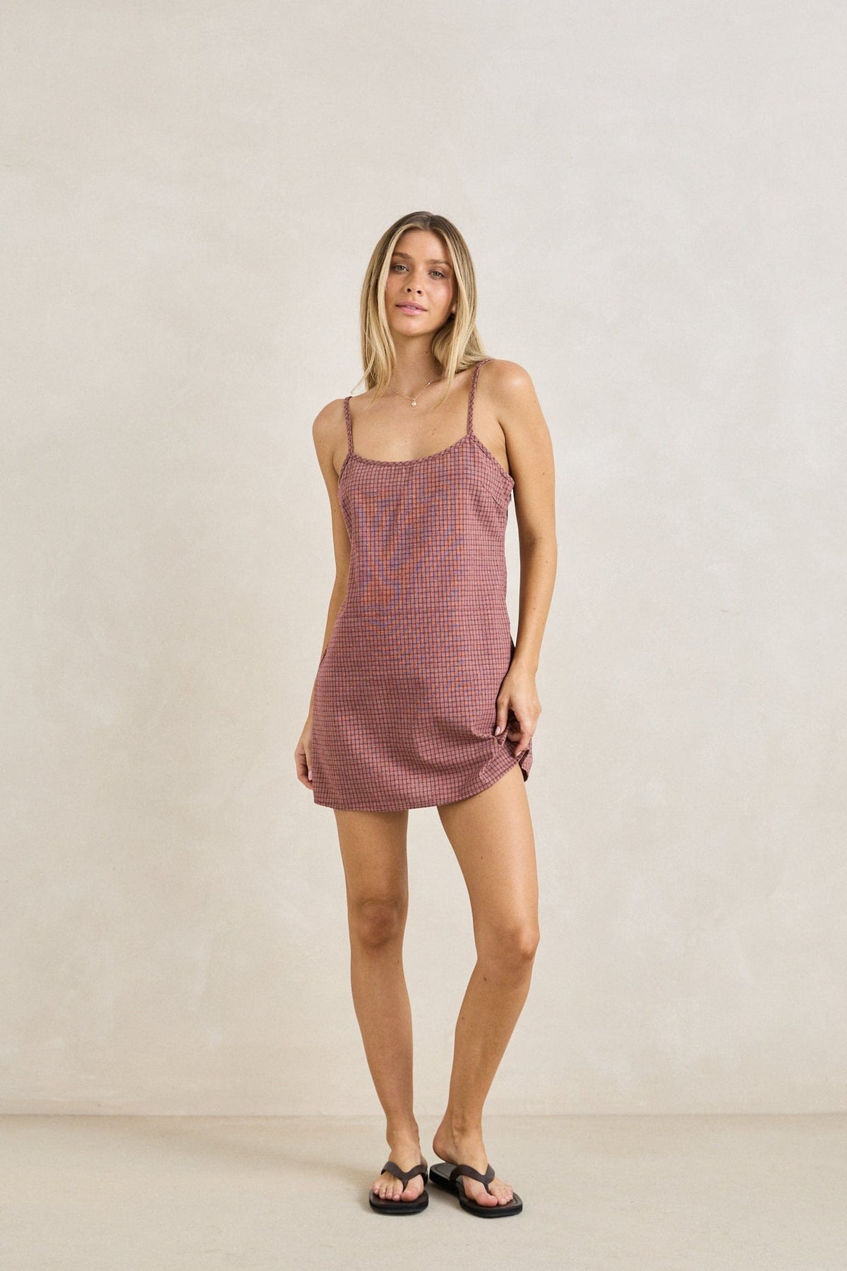 Rhythm Womens Rhythm Lucy Check Slip Mini Dress - Rust CD25W-DR65-RUS-8 Rhythm Lucy Check Slip Mini Dress Rust Splash Swimwear Dresses 8 9360397416701