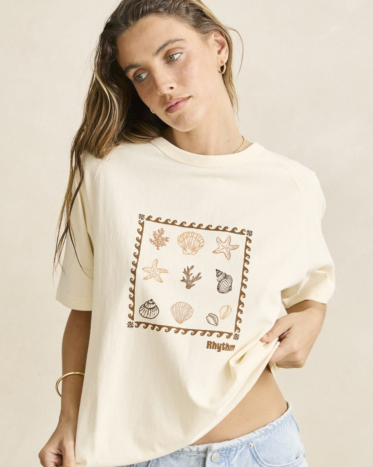 Rhythm Womens Rhythm Sea Ranch Shell Tee - Vintage White CD25W-PT05-WHT-8 Rhythm Sea Ranch Shell Tee Vintage White Splash Swimwear Womens Tees 8 9360397272604