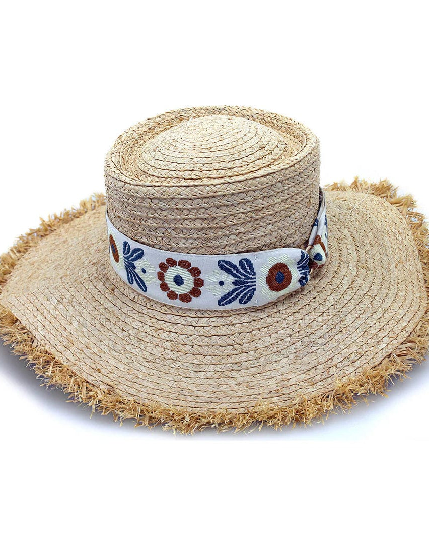 Rigon Headwear Quinn Raffia Wide Brim - Natural/Ivory/Blue RL674 Cancer Council Quinn Raffia Wide Brim - Natural/Ivory/Blue Splash Swimwear Hats M/L (58cm) 9328897034535