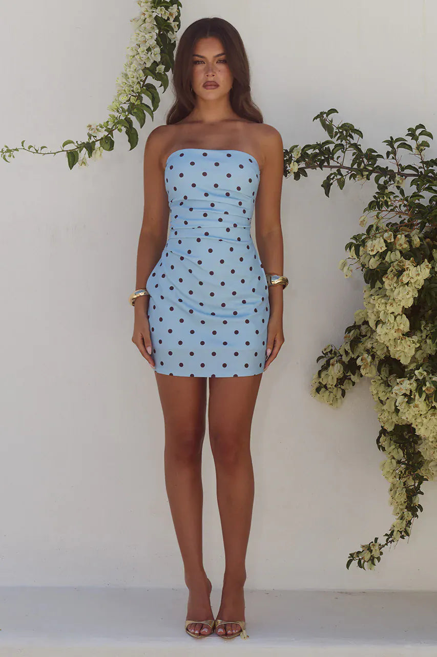 Runaway The Label Runaway The Label Cairo Strapless Mini Dress - Sky Blue/Choc Polka Runaway The Label Cairo Strapless Mini Dress - Sky Blue/Choc Polka Splash Swimwear Dresses