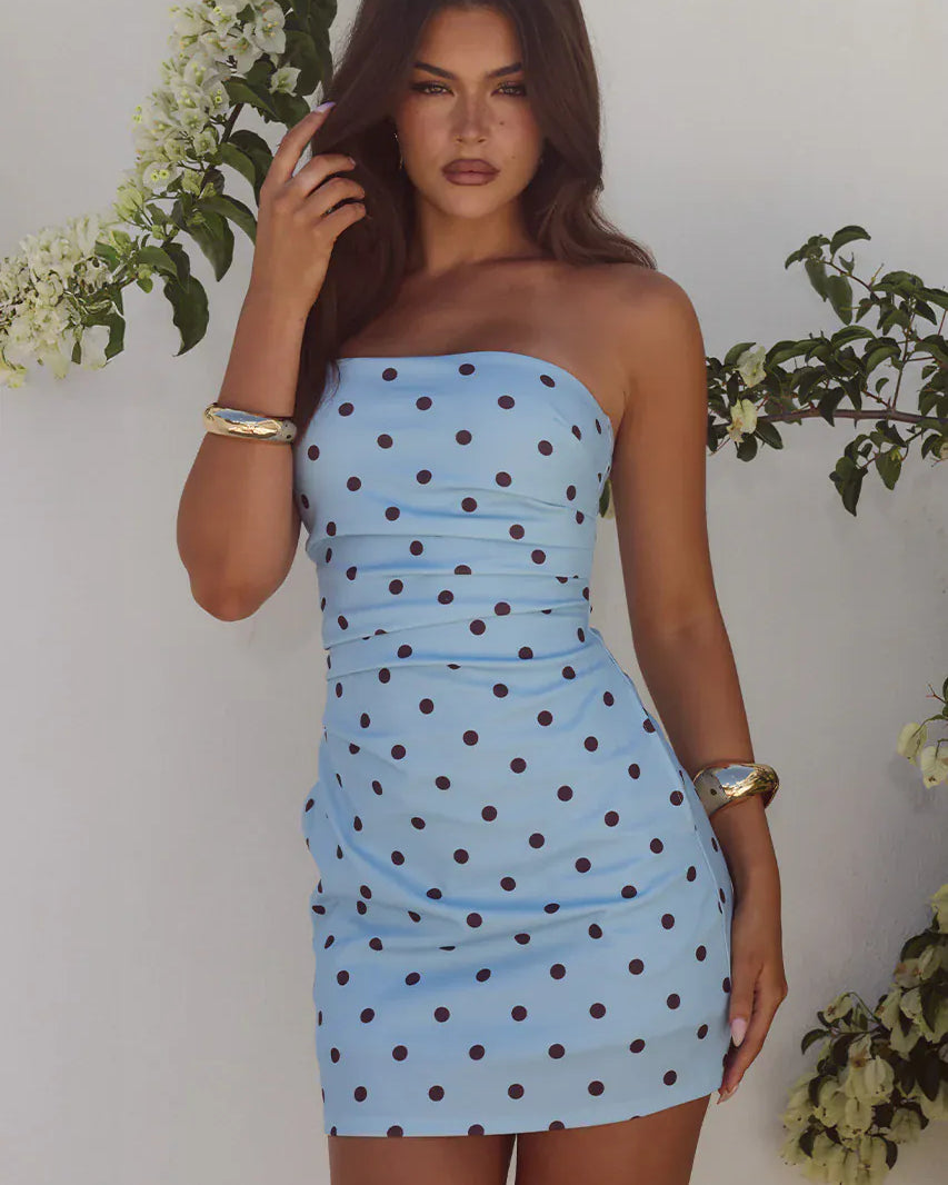 Runaway The Label Runaway The Label Cairo Strapless Mini Dress - Sky Blue/Choc Polka Runaway The Label Cairo Strapless Mini Dress - Sky Blue/Choc Polka Splash Swimwear Dresses