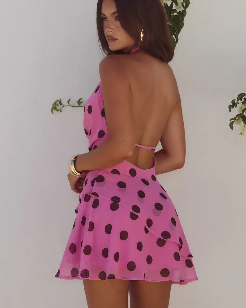 Runaway The Label Runaway The Label Imali Halter Cowl Mini Dress - Musk/Choc Polka Runaway The Label Imali Halter Cowl Mini Dress - Musk/Choc Polka Splash Swimwear Dresses