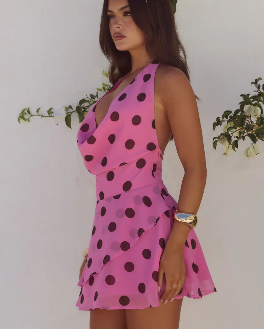 Runaway The Label Runaway The Label Imali Halter Cowl Mini Dress - Musk/Choc Polka Runaway The Label Imali Halter Cowl Mini Dress - Musk/Choc Polka Splash Swimwear Dresses