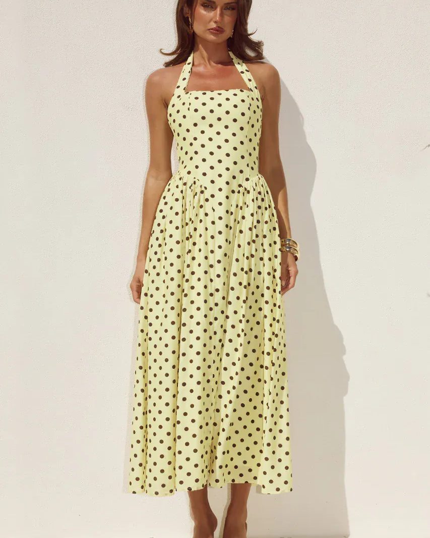 Runaway The Label Runaway The Label Sammi Halter Midi Dress - Lemon/Choc Polka Runaway The Label Sammi Halter Midi Dress - Lemon/Choc Polka Splash Swimwear Dresses