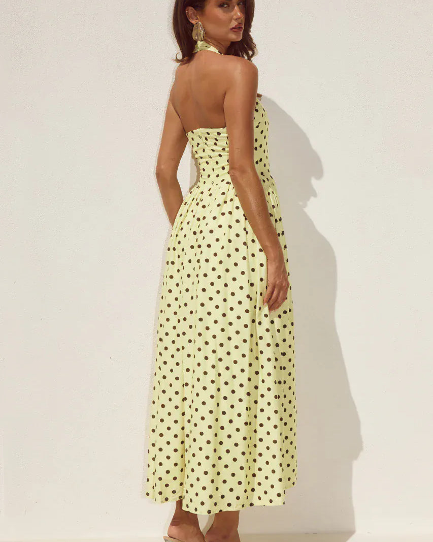 Runaway The Label Runaway The Label Sammi Halter Midi Dress - Lemon/Choc Polka Runaway The Label Sammi Halter Midi Dress - Lemon/Choc Polka Splash Swimwear Dresses