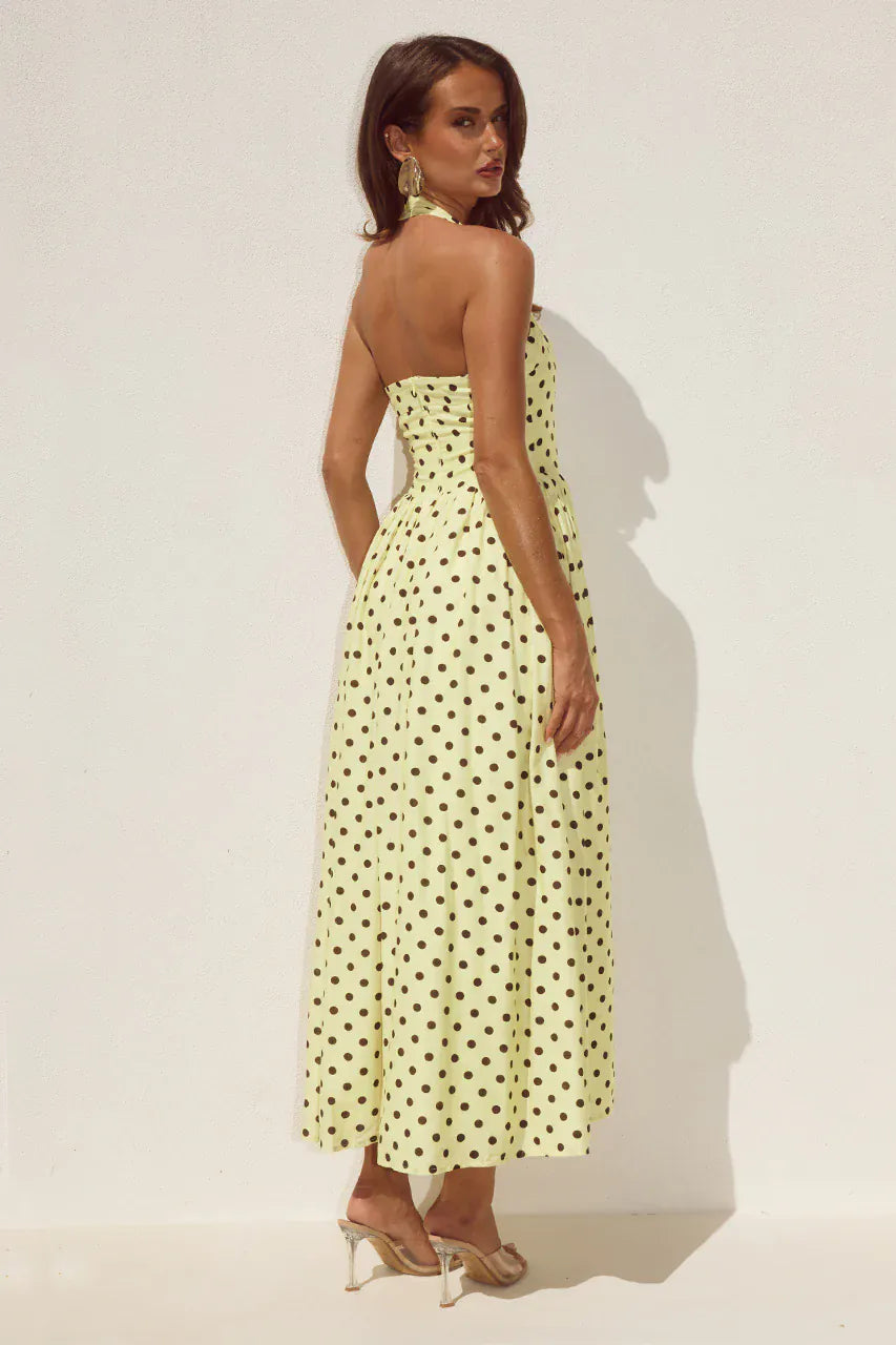 Runaway The Label Runaway The Label Sammi Halter Midi Dress - Lemon/Choc Polka Runaway The Label Sammi Halter Midi Dress - Lemon/Choc Polka Splash Swimwear Dresses
