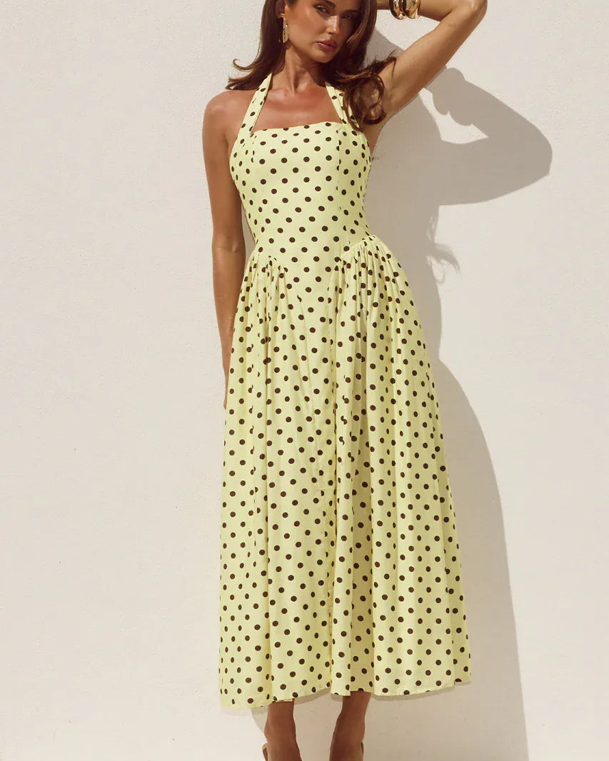 Runaway The Label Runaway The Label Sammi Halter Midi Dress - Lemon/Choc Polka Runaway The Label Sammi Halter Midi Dress - Lemon/Choc Polka Splash Swimwear Dresses