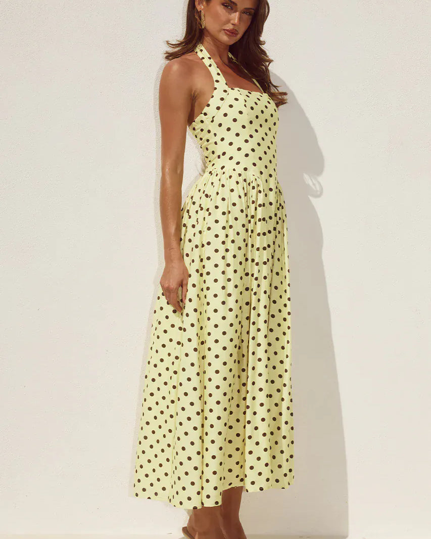 Runaway The Label Runaway The Label Sammi Halter Midi Dress - Lemon/Choc Polka Runaway The Label Sammi Halter Midi Dress - Lemon/Choc Polka Splash Swimwear Dresses