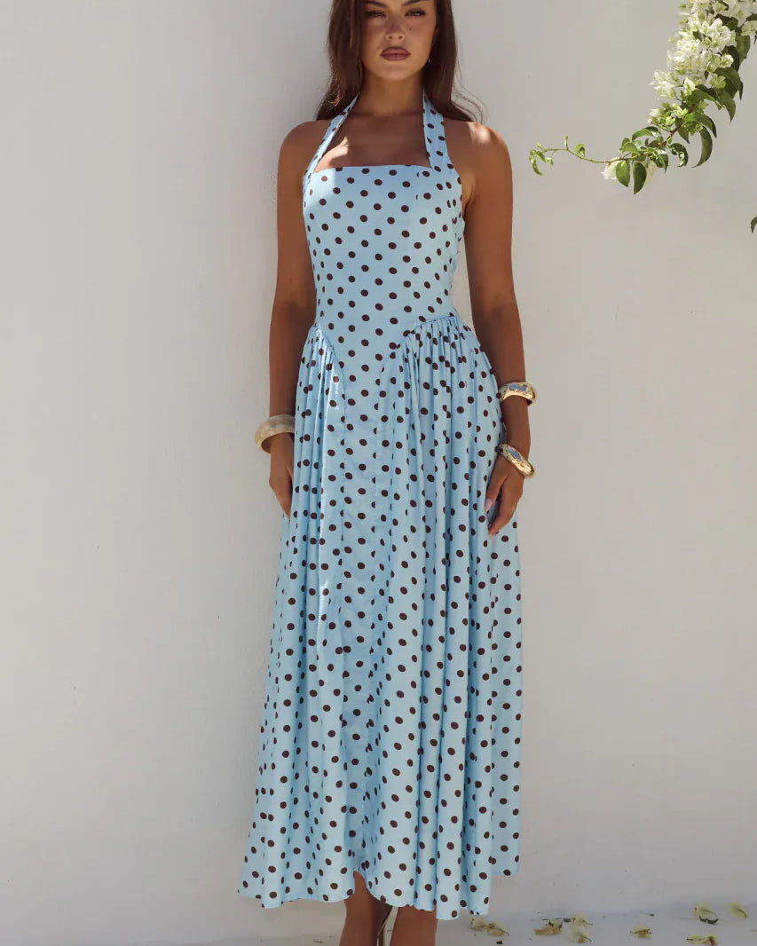 Runaway The Label Runaway The Label Sammi Halter Midi Dress - Sky Blue/Choc Polka Runaway The Label Sammi Halter Midi Dress - Sky Blue/Choc Polka Splash Swimwear Dresses