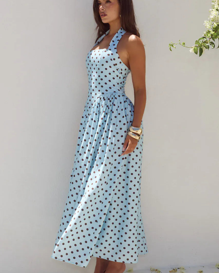 Runaway The Label Runaway The Label Sammi Halter Midi Dress - Sky Blue/Choc Polka Runaway The Label Sammi Halter Midi Dress - Sky Blue/Choc Polka Splash Swimwear Dresses