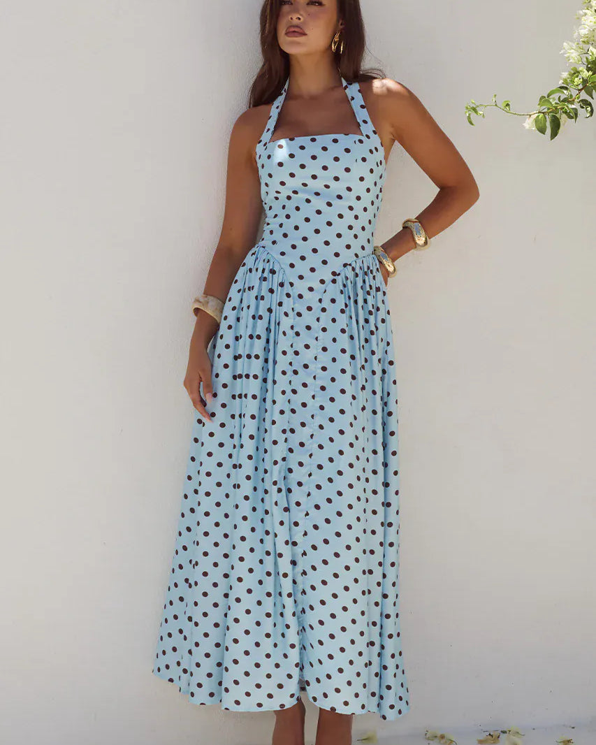 Runaway The Label Runaway The Label Sammi Halter Midi Dress - Sky Blue/Choc Polka Runaway The Label Sammi Halter Midi Dress - Sky Blue/Choc Polka Splash Swimwear Dresses