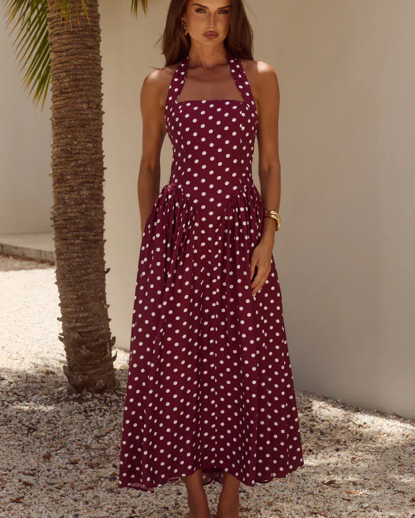 Runaway The Label Runaway The Label Sammi Halter Midi Dress - Wine/White Polka Runaway The Label Sammi Halter Midi Dress - Wine/White Polka Splash Swimwear Dresses