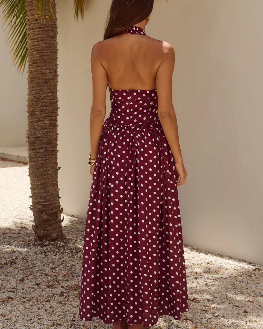 Runaway The Label Runaway The Label Sammi Halter Midi Dress - Wine/White Polka Runaway The Label Sammi Halter Midi Dress - Wine/White Polka Splash Swimwear Dresses