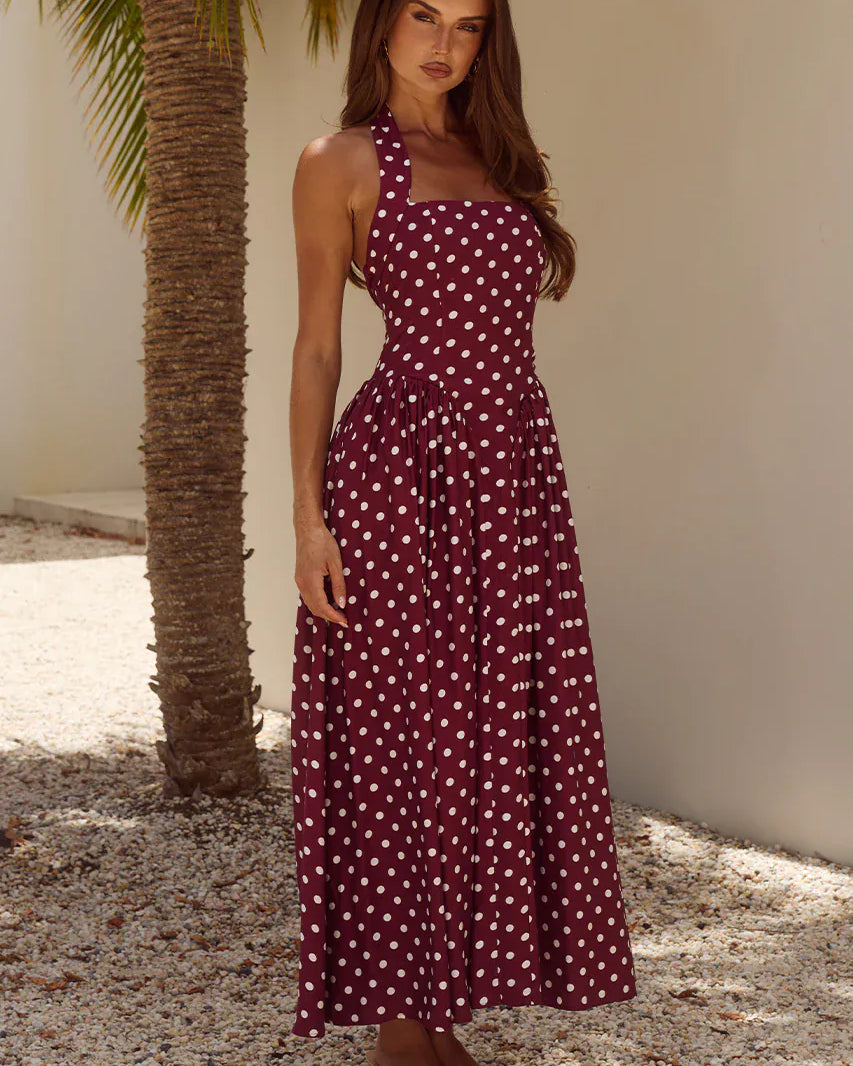 Runaway The Label Runaway The Label Sammi Halter Midi Dress - Wine/White Polka Runaway The Label Sammi Halter Midi Dress - Wine/White Polka Splash Swimwear Dresses