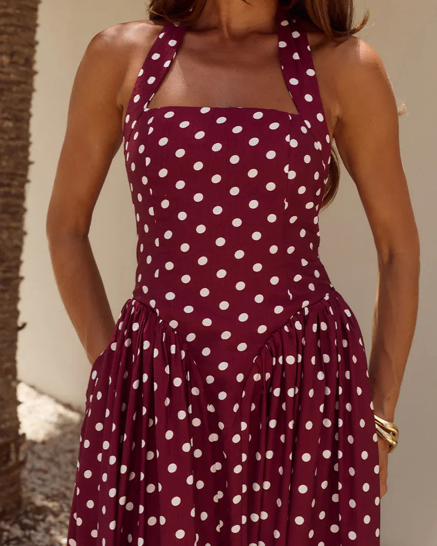 Runaway The Label Runaway The Label Sammi Halter Midi Dress - Wine/White Polka Runaway The Label Sammi Halter Midi Dress - Wine/White Polka Splash Swimwear Dresses