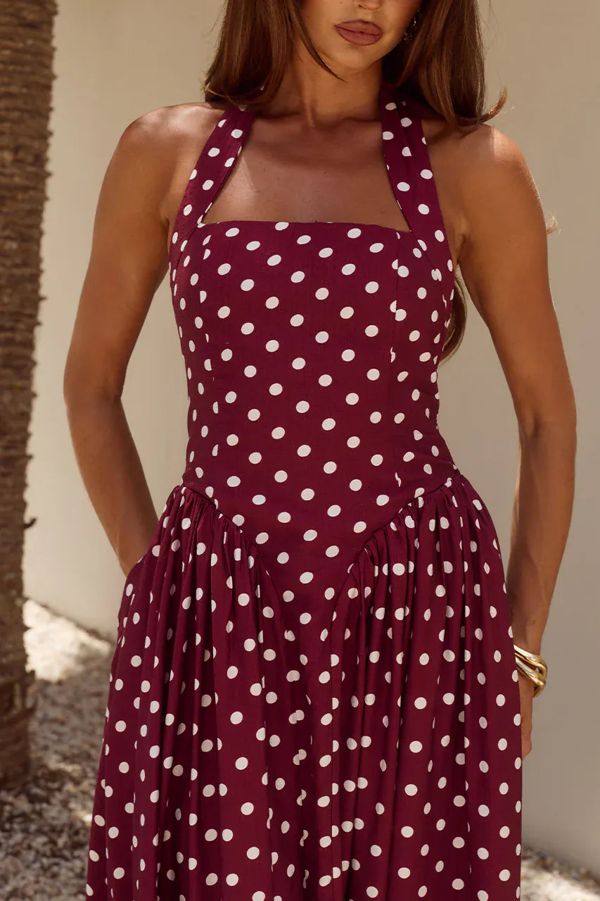 Runaway The Label Runaway The Label Sammi Halter Midi Dress - Wine/White Polka Runaway The Label Sammi Halter Midi Dress - Wine/White Polka Splash Swimwear Dresses