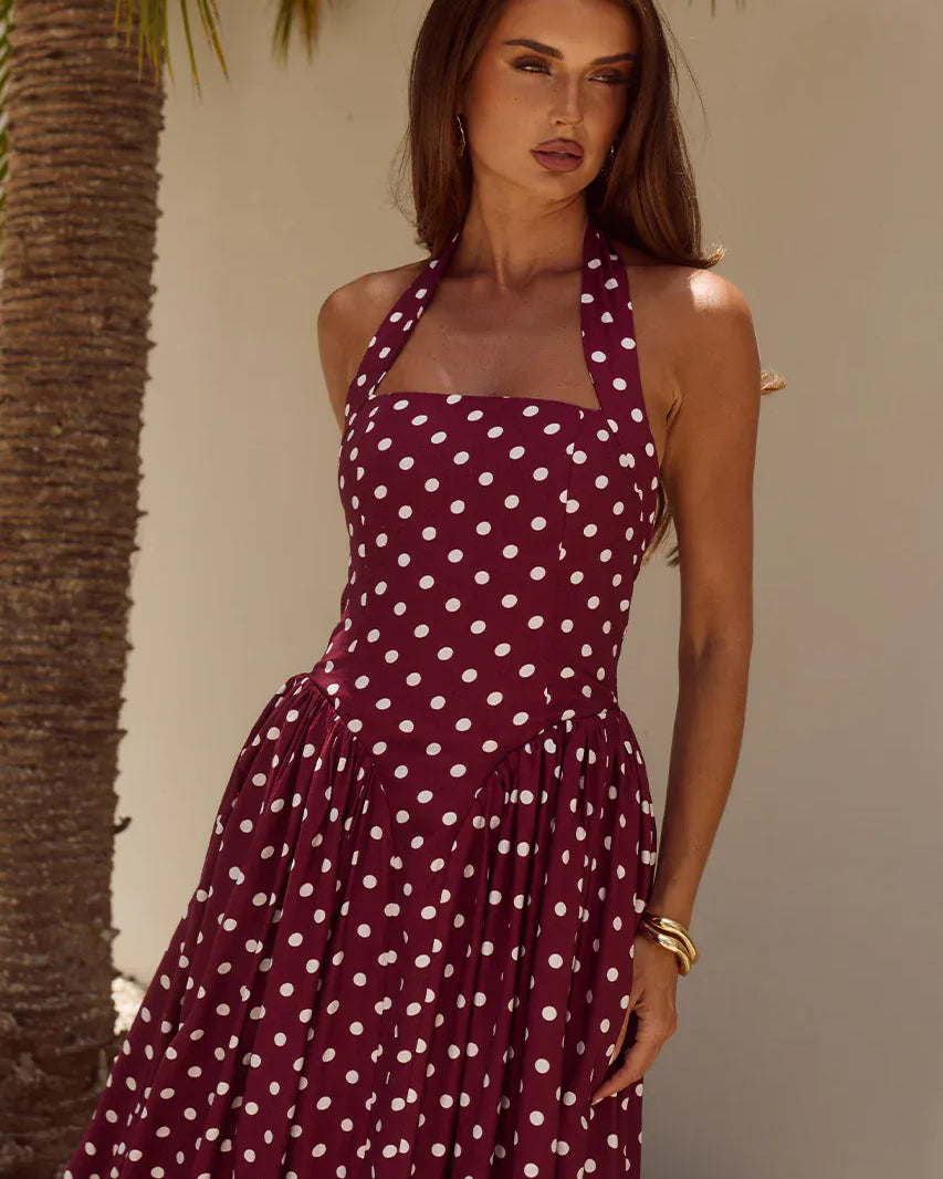 Runaway The Label Runaway The Label Sammi Halter Midi Dress - Wine/White Polka Runaway The Label Sammi Halter Midi Dress - Wine/White Polka Splash Swimwear Dresses