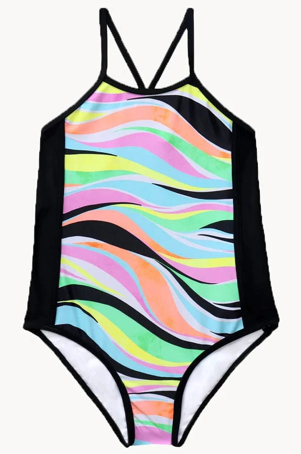 Salty Ink Kids Salty Ink Girls Coastal Wave One Piece - Neon Wave Salty Ink Girls Coastal Wave One Piece - Neon Wave Splash Swimwear
