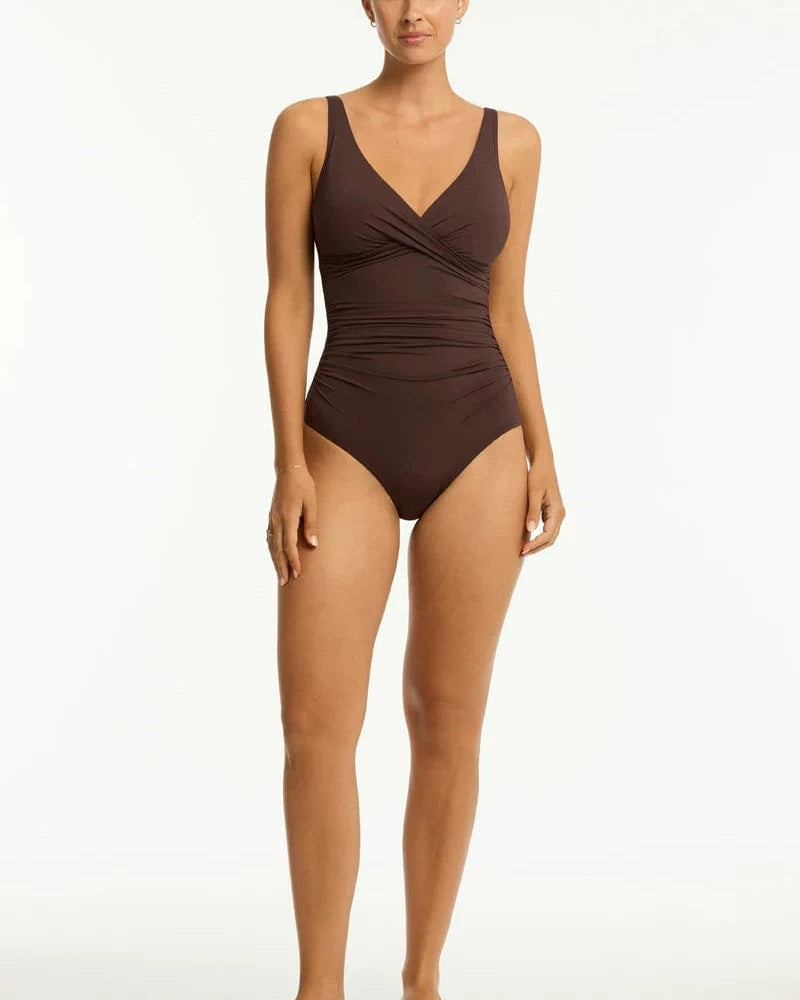Sea Level Essentials Edit Cross Front Multifit One Piece - Cocoa Essentials Edit Cross Front Multifit One Piece - Cocoa Splash Swimwear
