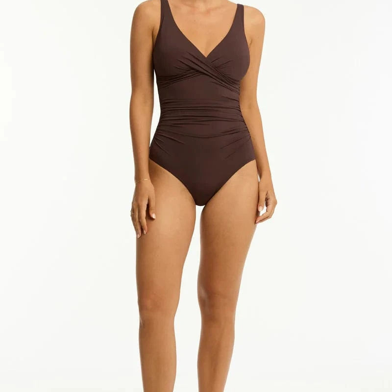 Sea Level Essentials Edit Cross Front Multifit One Piece - Cocoa Essentials Edit Cross Front Multifit One Piece - Cocoa Splash Swimwear