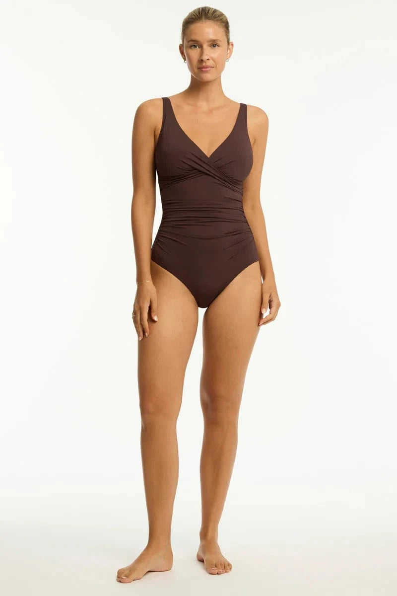 Sea Level Essentials Edit Cross Front Multifit One Piece - Cocoa Essentials Edit Cross Front Multifit One Piece - Cocoa Splash Swimwear
