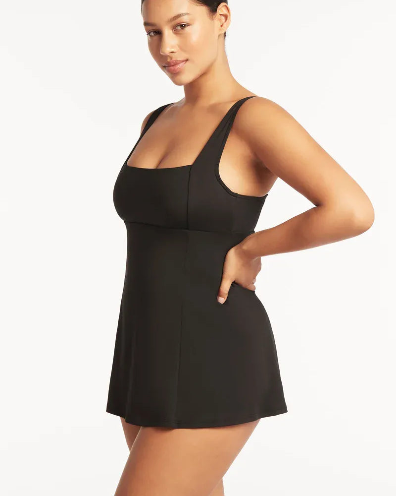 Sea Level Essentials Square Neck Swim Dress - Black Essentials Square Neck Swim Dress Black Splash Swimwear Swim Dress