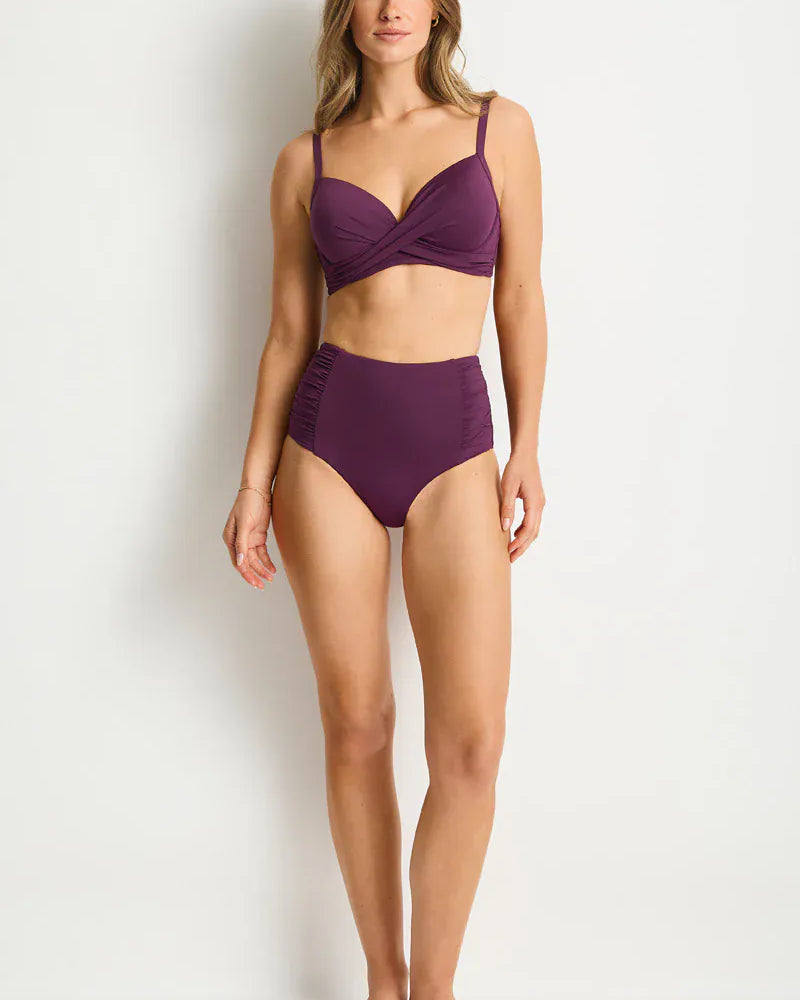 Sea Level Sea Level Essentials Edit High Waist Gathered Side Pant - Claret Sea Level Essentials Edit High Waist Gathered Side Pant - Cocoa Splash Swimwear Bikini Bottoms