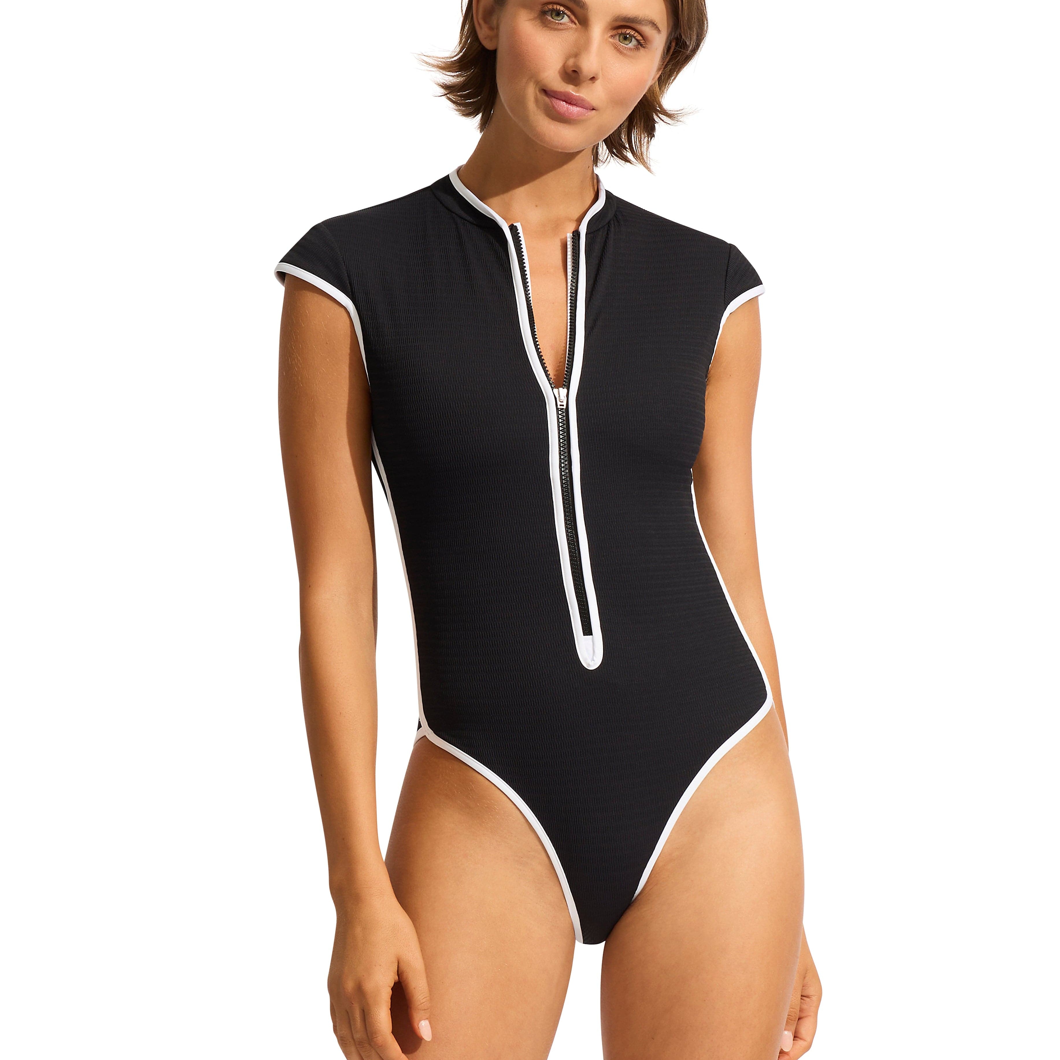 Seafolly Beach Bound Cap Sleeve Zip Front One Piece - Black Shop Chiara Cover Up - True Navy by Seafolly | Australian Swimwear Brands | Splash Swimwear Splash Swimwear One Pieces