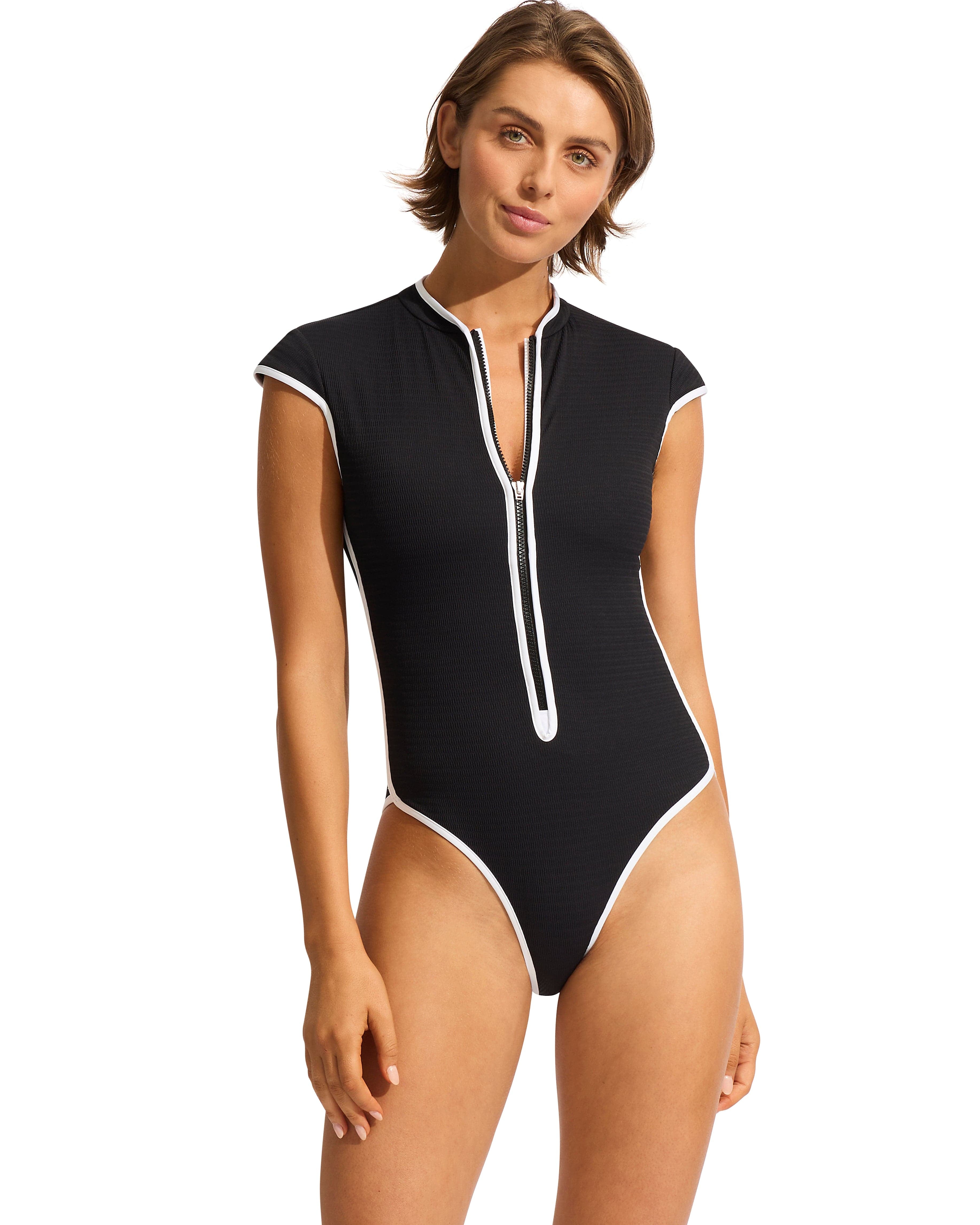 Seafolly Beach Bound Cap Sleeve Zip Front One Piece - Black Shop Chiara Cover Up - True Navy by Seafolly | Australian Swimwear Brands | Splash Swimwear Splash Swimwear One Pieces